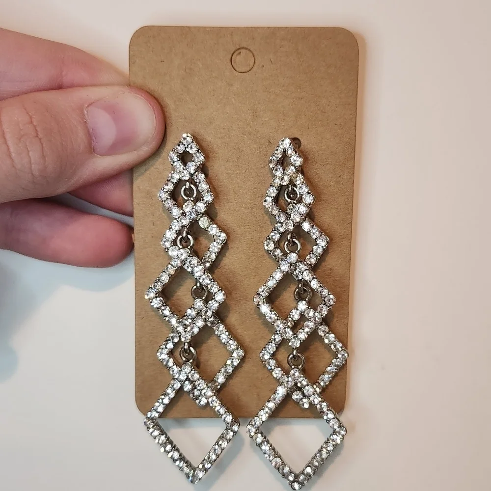 3” 2 Tier Diamond Shaped Rhinestone Dangle Earring Clear Silicone Back Stopper